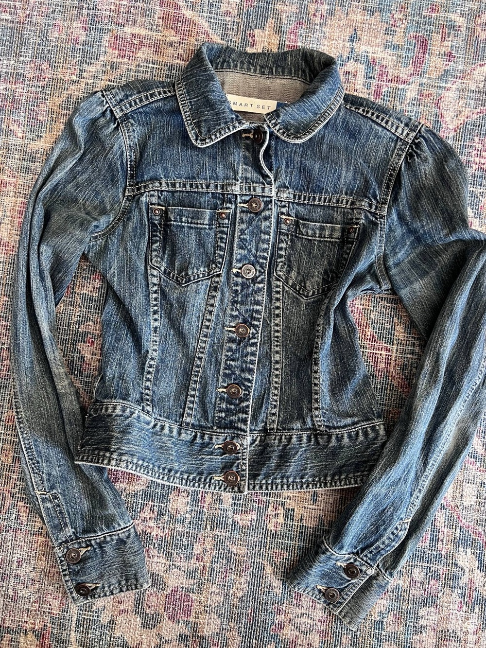 Y2K Fitted Washed Denim Jacket - Blue